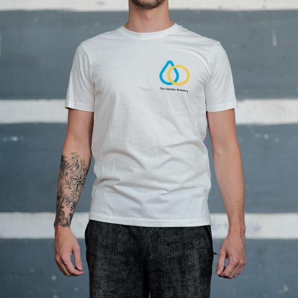 The Garden Brewery white T-shirt with yellow and blue icon on the left side of the chest.