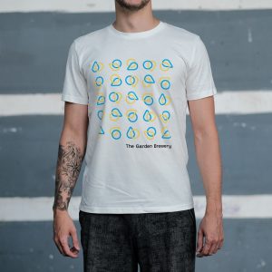 The Garden Brewery white T-shirt with blue and yellow icons at the front.