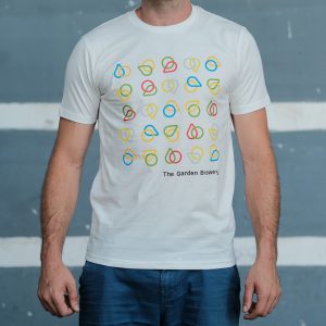 The Garden Brewery white T-shirt with multicolour icons at the front.