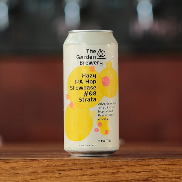 The Garden Brewery can of craft beer Hazy IPA Hop Showcase #08 Strata with label artwork in pink on yellow water-coloured spots.